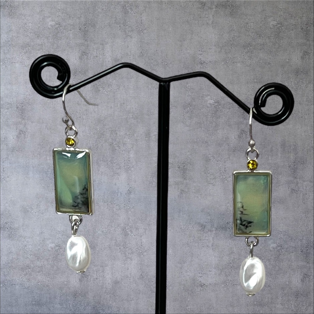 Silver plated faux pearl, green & peridot earrings